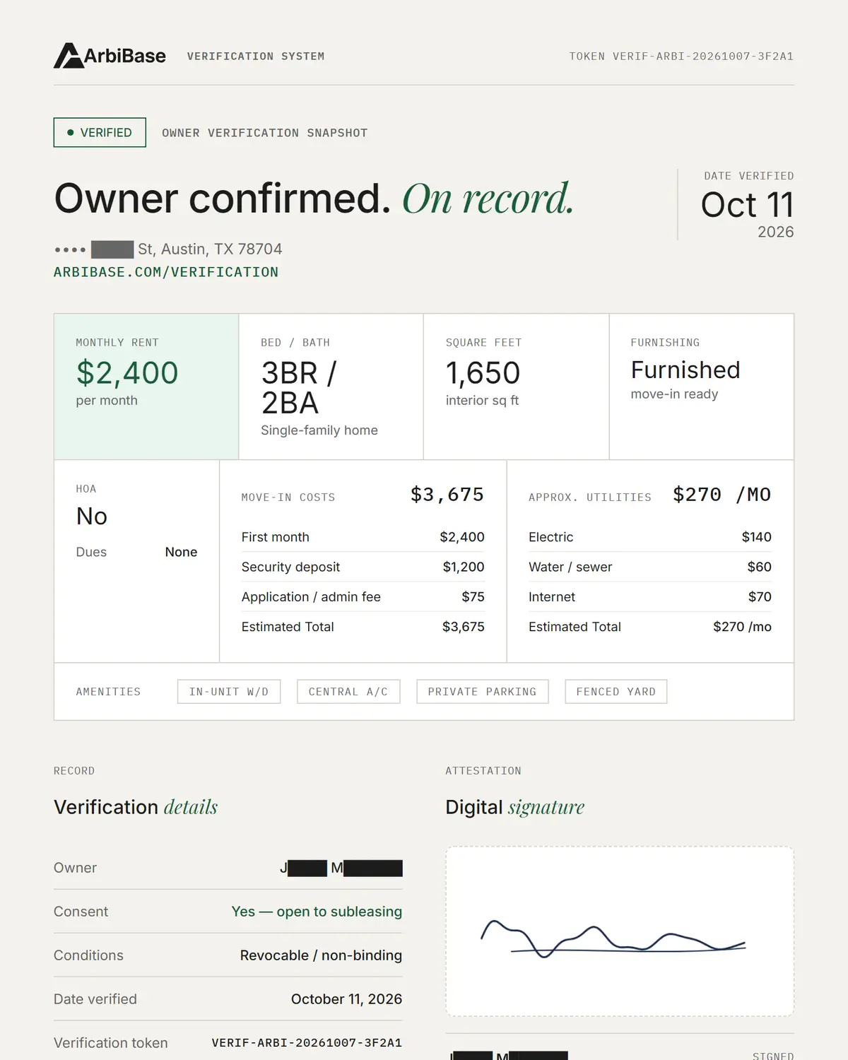 Anonymized ArbiBase owner consent record: verified badge, property details, costs, the owner's consent to subleasing and their signature, with name and street redacted